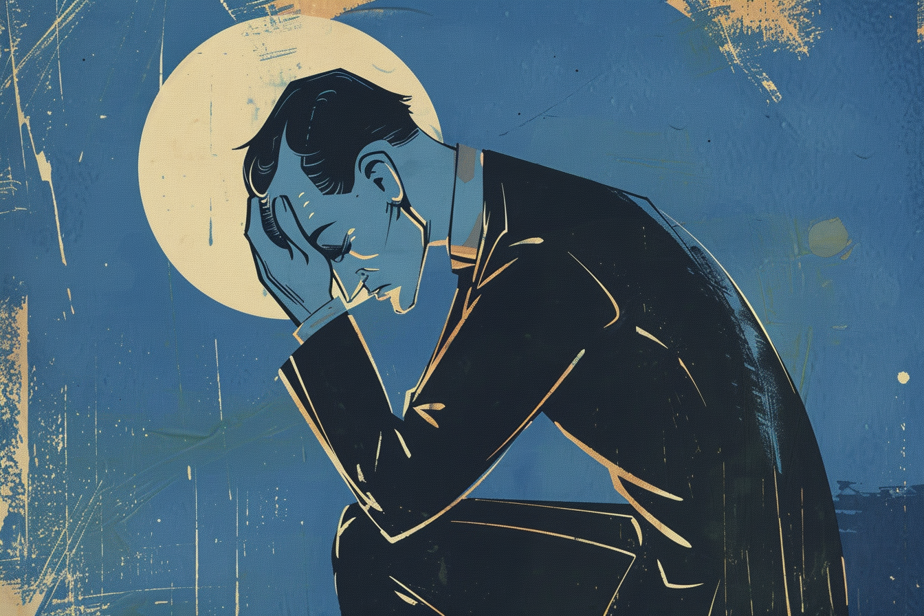 An illustration of a man grieving the loss of his wife to suicide