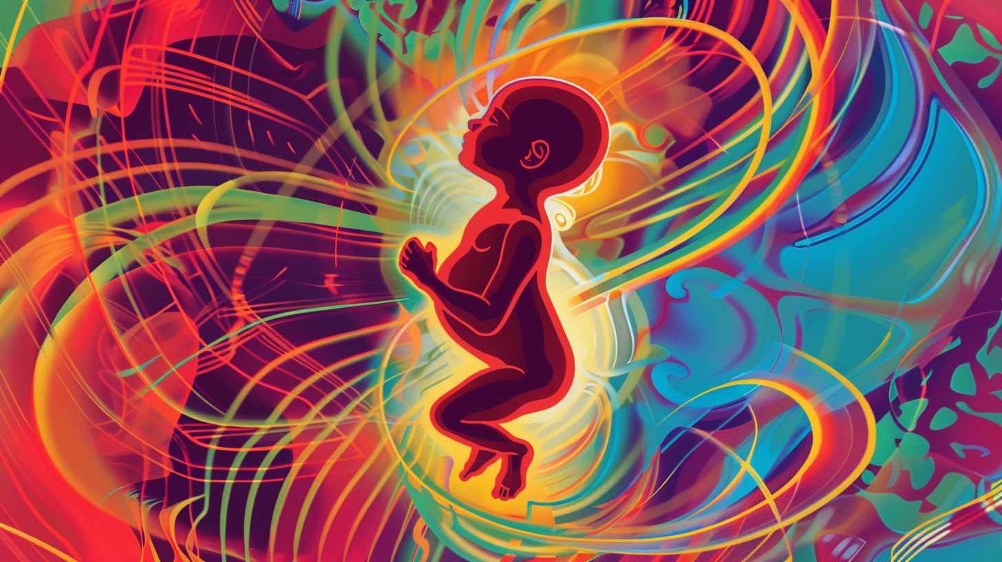 Abstract representation of a fetus with swirling energy patterns, cosmic background, spiritual connection