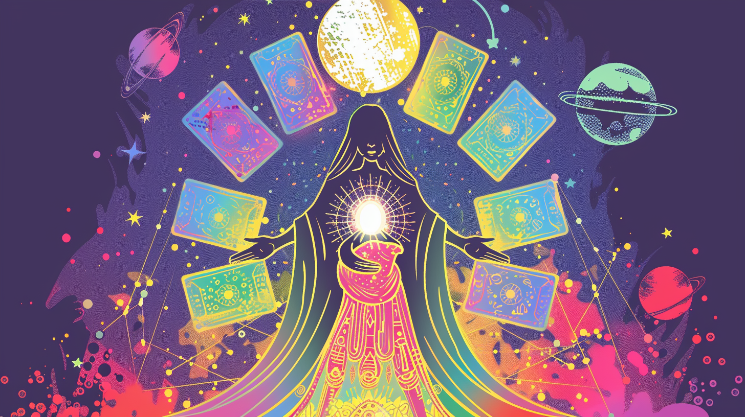 Tarot spread forming the shape of a pregnant woman, cards glowing with mystical energy, stars and planets in background