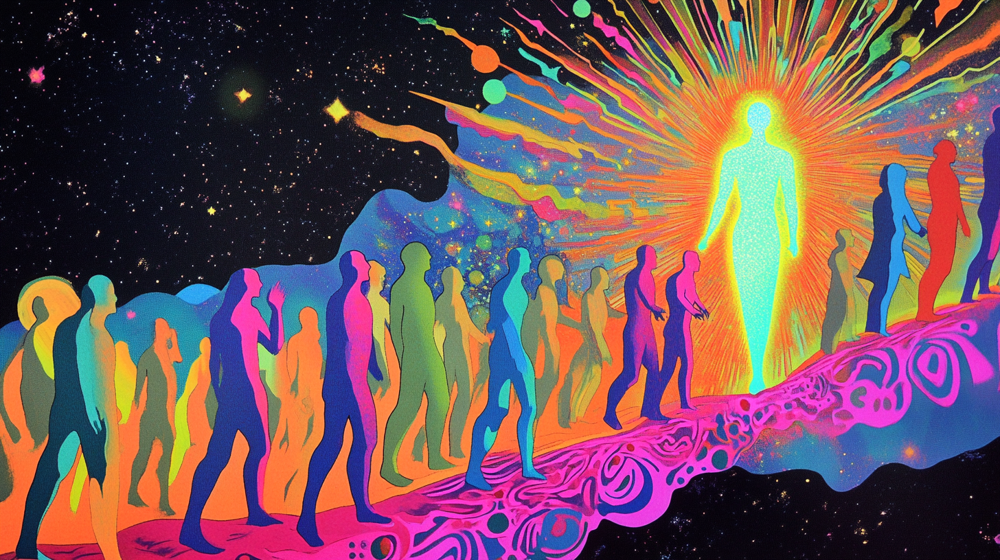 A cosmic depiction of human evolution, showing glowing silhouettes of evolving humans transitioning into a radiant figure of light, representing consciousness, surrounded by a starry nebula