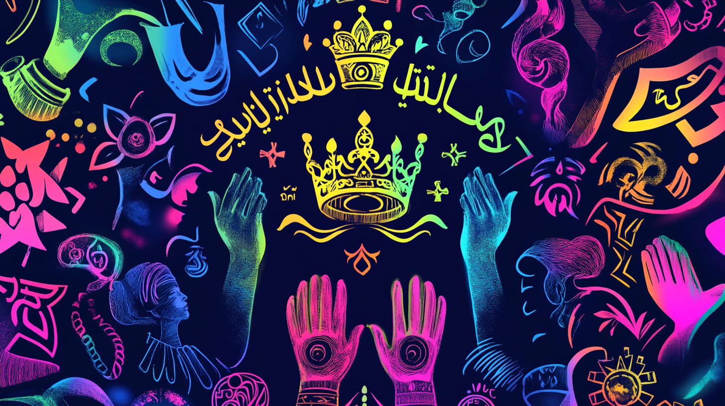 A glowing tapestry featuring the names of God in Arabic, Hebrew, and Greek, intertwined with archetypal symbols like the ruler’s crown and the healer’s hands