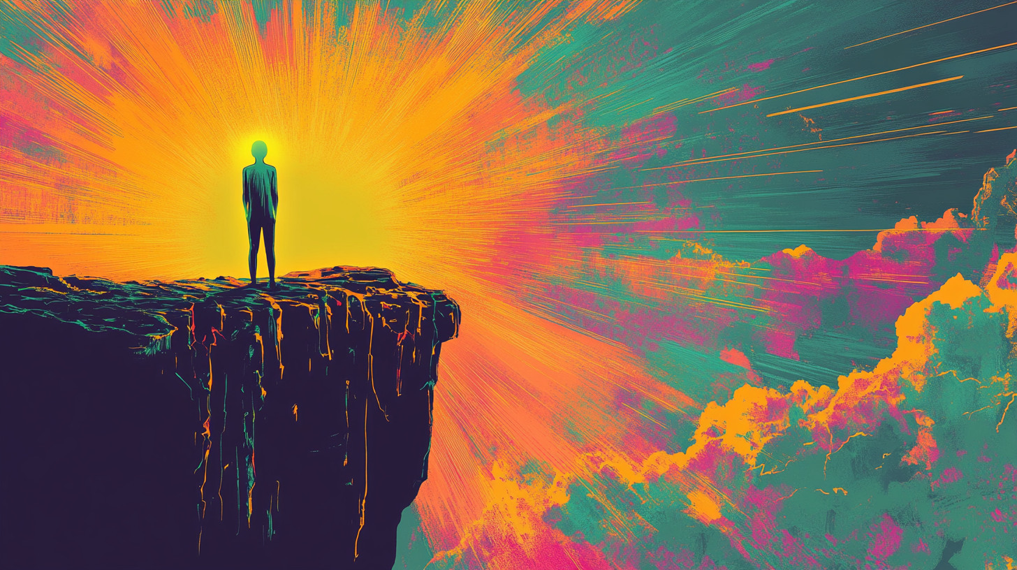 A luminous human figure standing on a cliff, looking toward a radiant cosmic sunrise, symbolizing the integration of archetypes and spiritual awakening