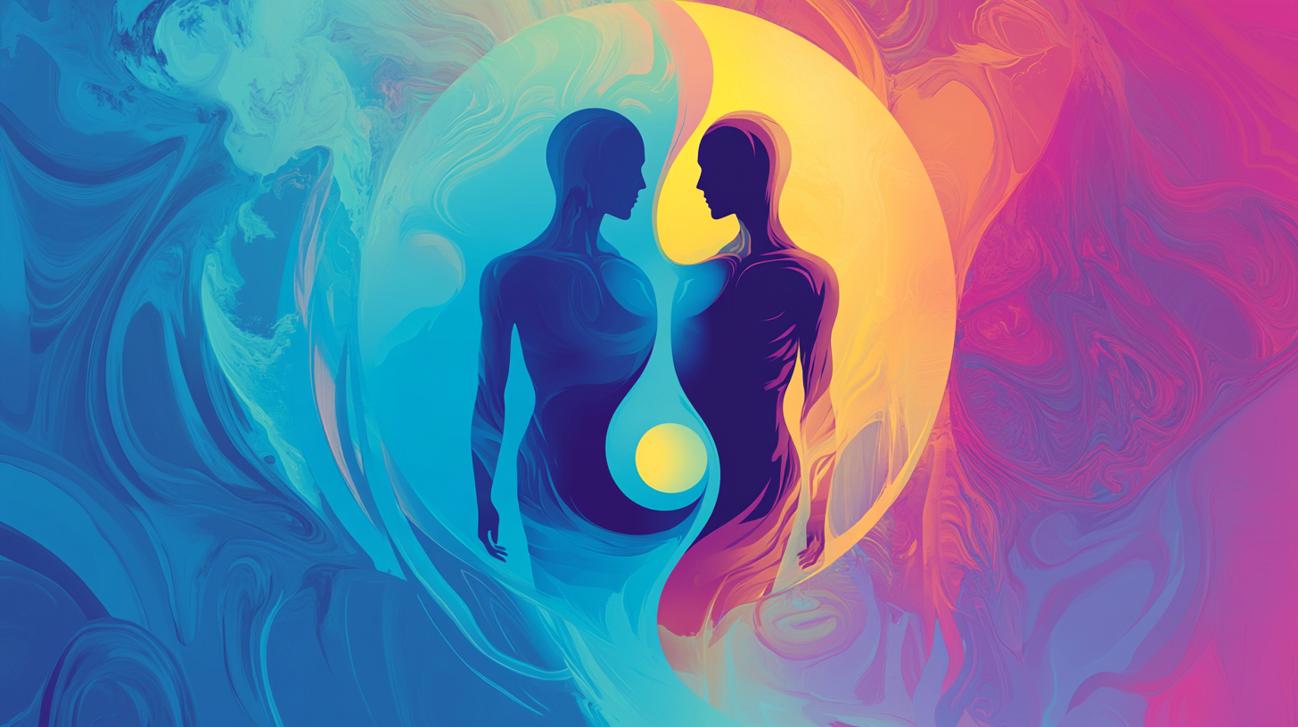 A yin-yang symbol morphing into two human figures, one glowing with light and the other darkened with shadow, in perfect harmony amid swirling energy