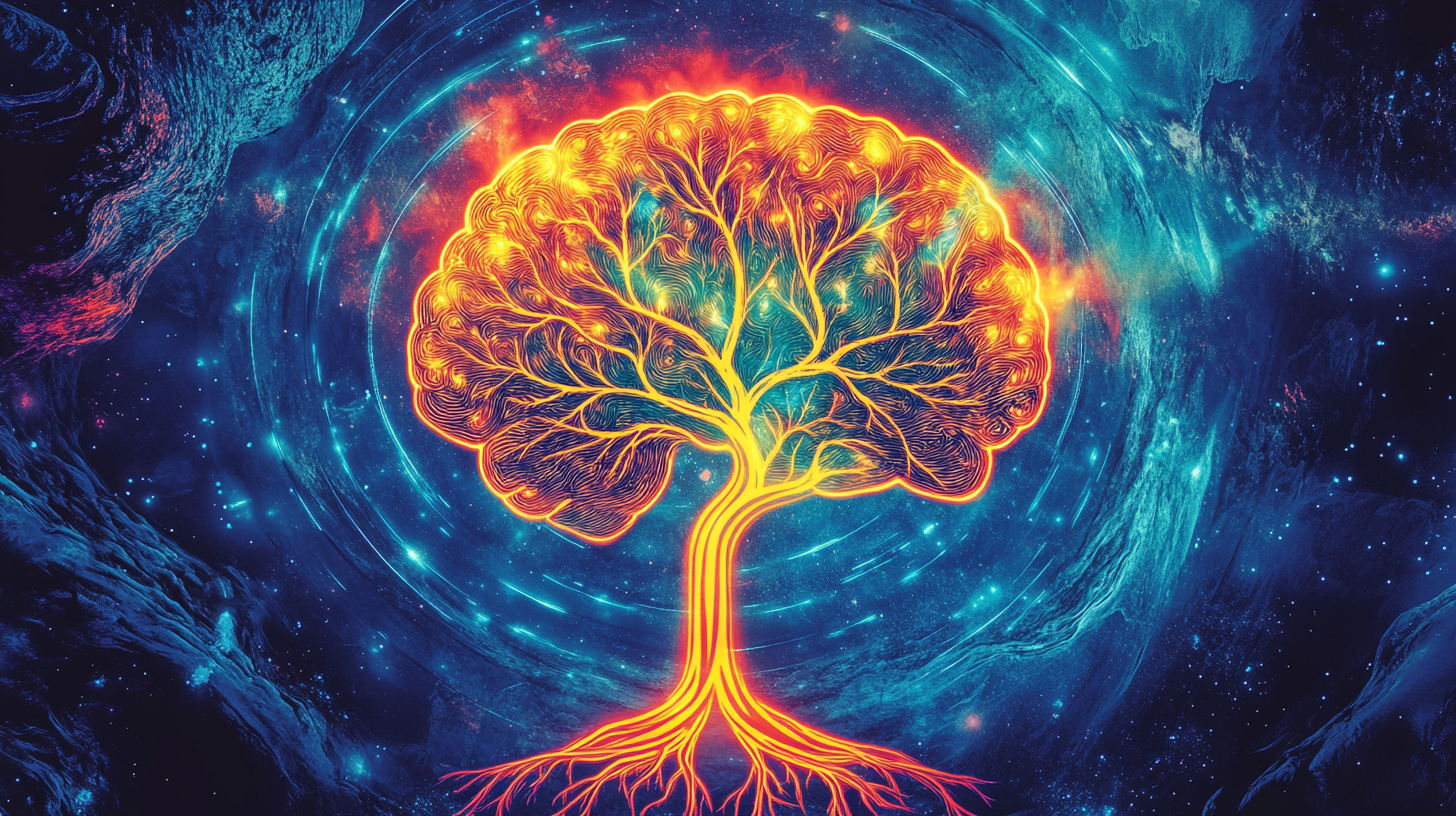 An abstract visualization of the human brain intertwined with a glowing tree of life, symbolizing evolution and consciousness, set against a cosmic backdrop